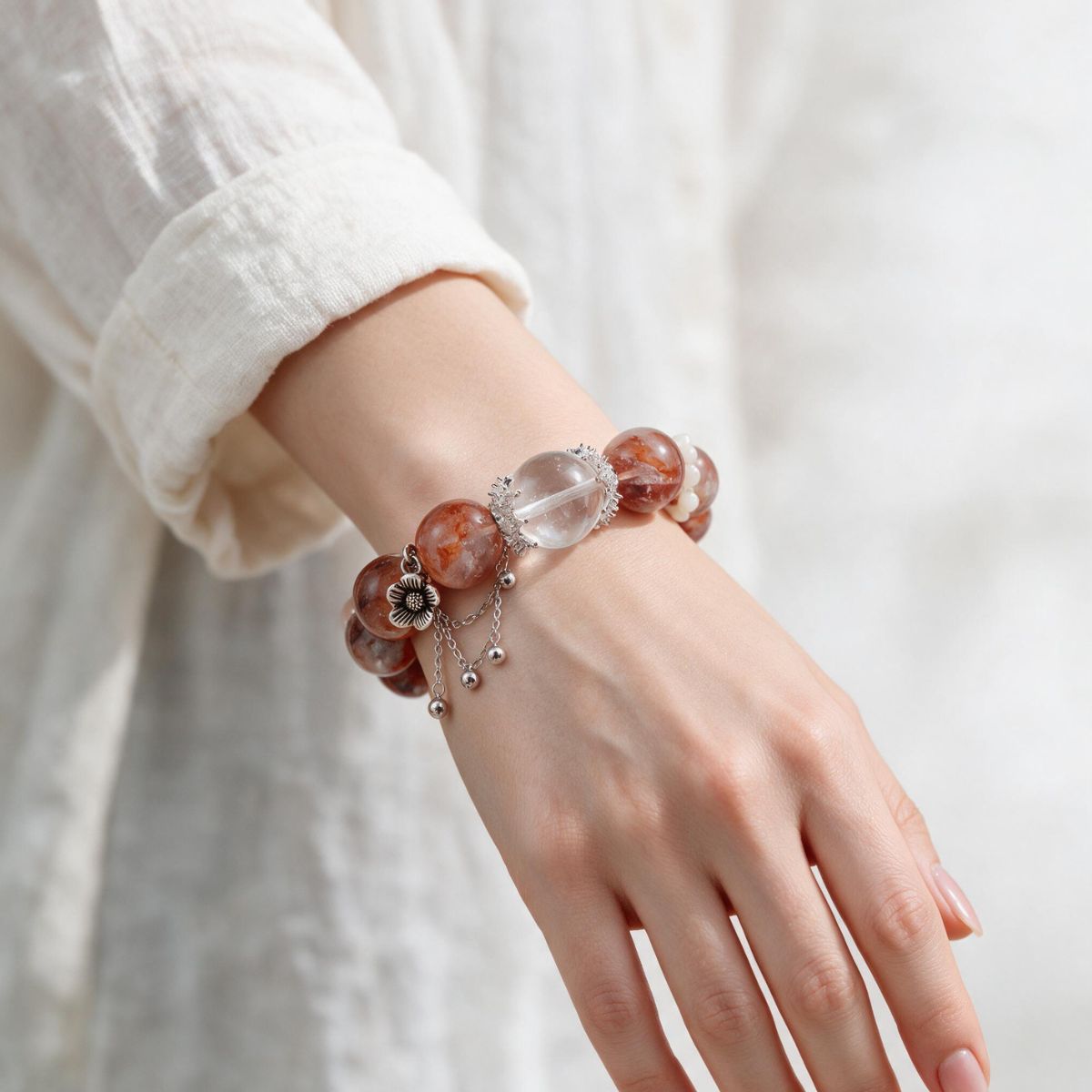 Hematoid Quartz Serenity bracelet styled with a white shirt for a polished everyday look