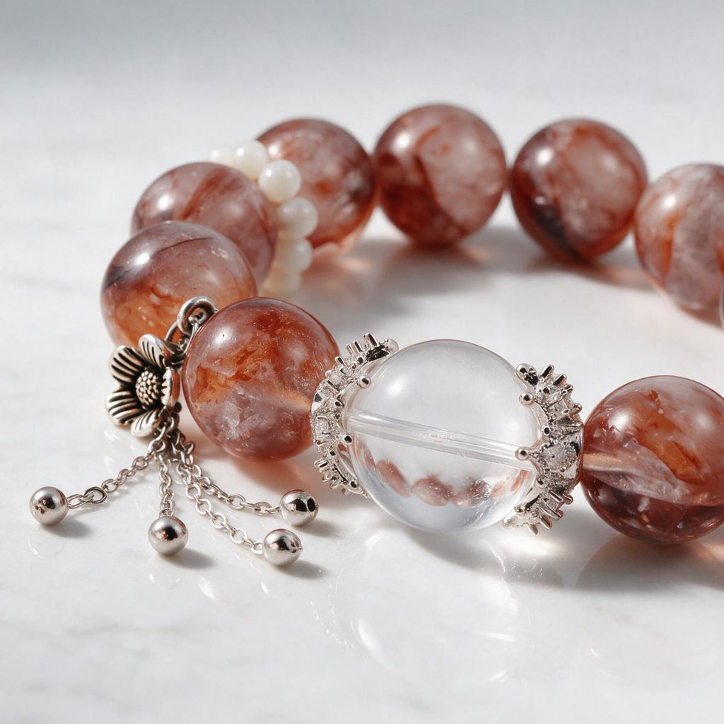 Close-up of natural Hematoid Quartz beads with vivid red mineral inclusions and sterling silver details