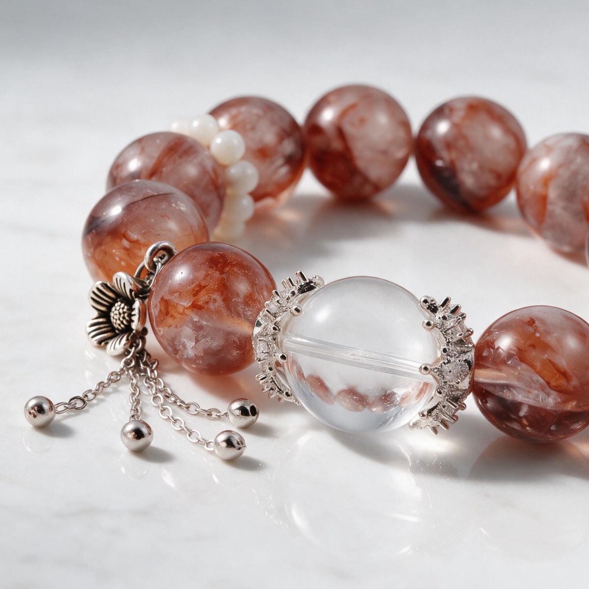 Close-up of natural Hematoid Quartz beads with vivid red mineral inclusions and sterling silver details