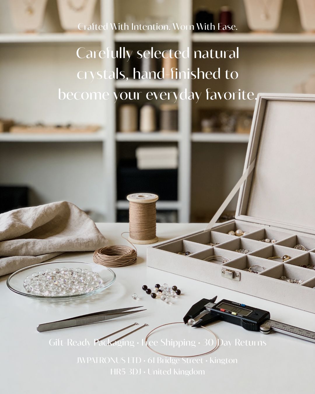 JWPatronus gemstone bracelet craftsmanship scene with natural stones, tools, and gift-ready presentation