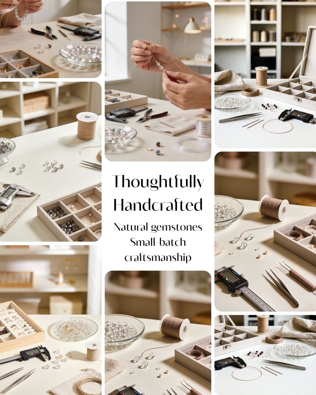 Collage of the JWPatronus bracelet-making workspace showing hands, tools, and natural gemstone jewelry in progress