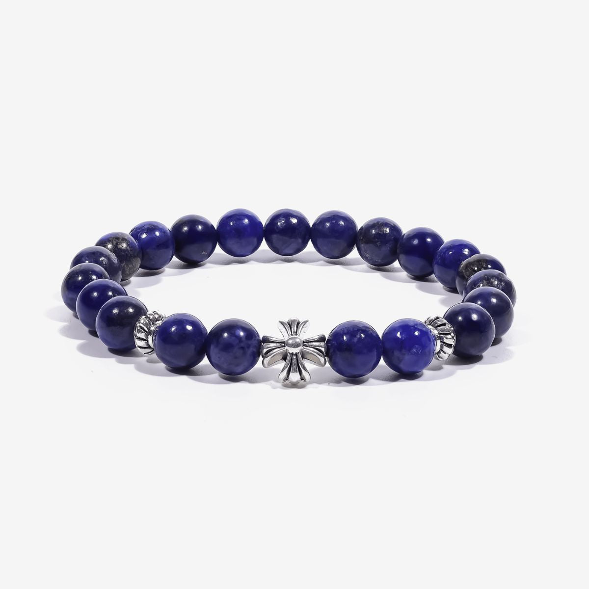 Lucky Clarity Lapis Cross Bracelet with 8.4mm natural Central Asian lapis lazuli beads and sterling silver cross centerpiece