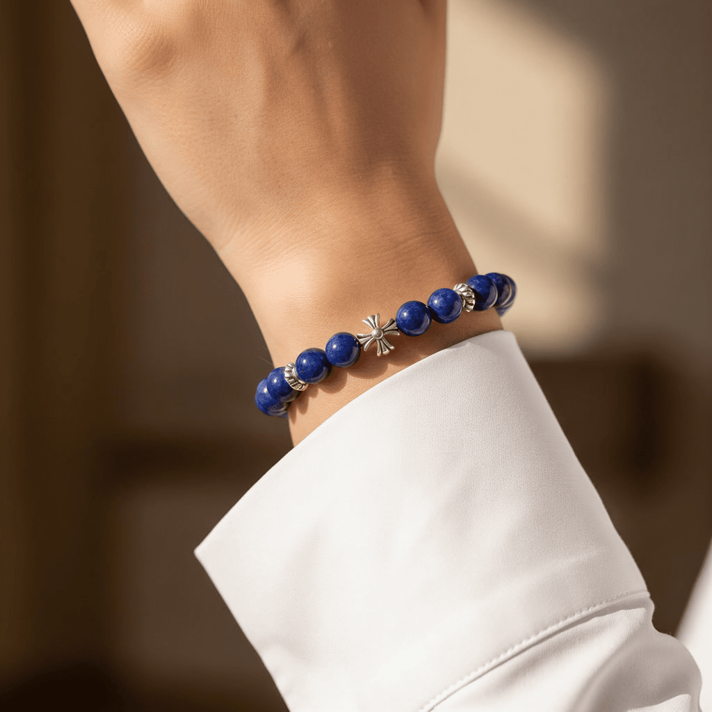 Lucky Clarity Lapis Cross Bracelet by JWPatronus – natural crystal bracelet for women