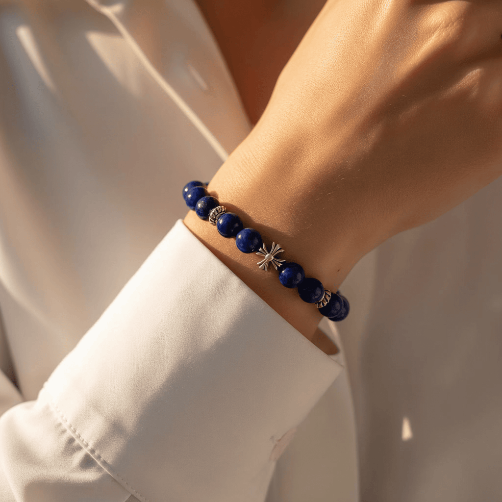 Lucky Clarity Lapis Cross Bracelet by JWPatronus – natural crystal bracelet for women