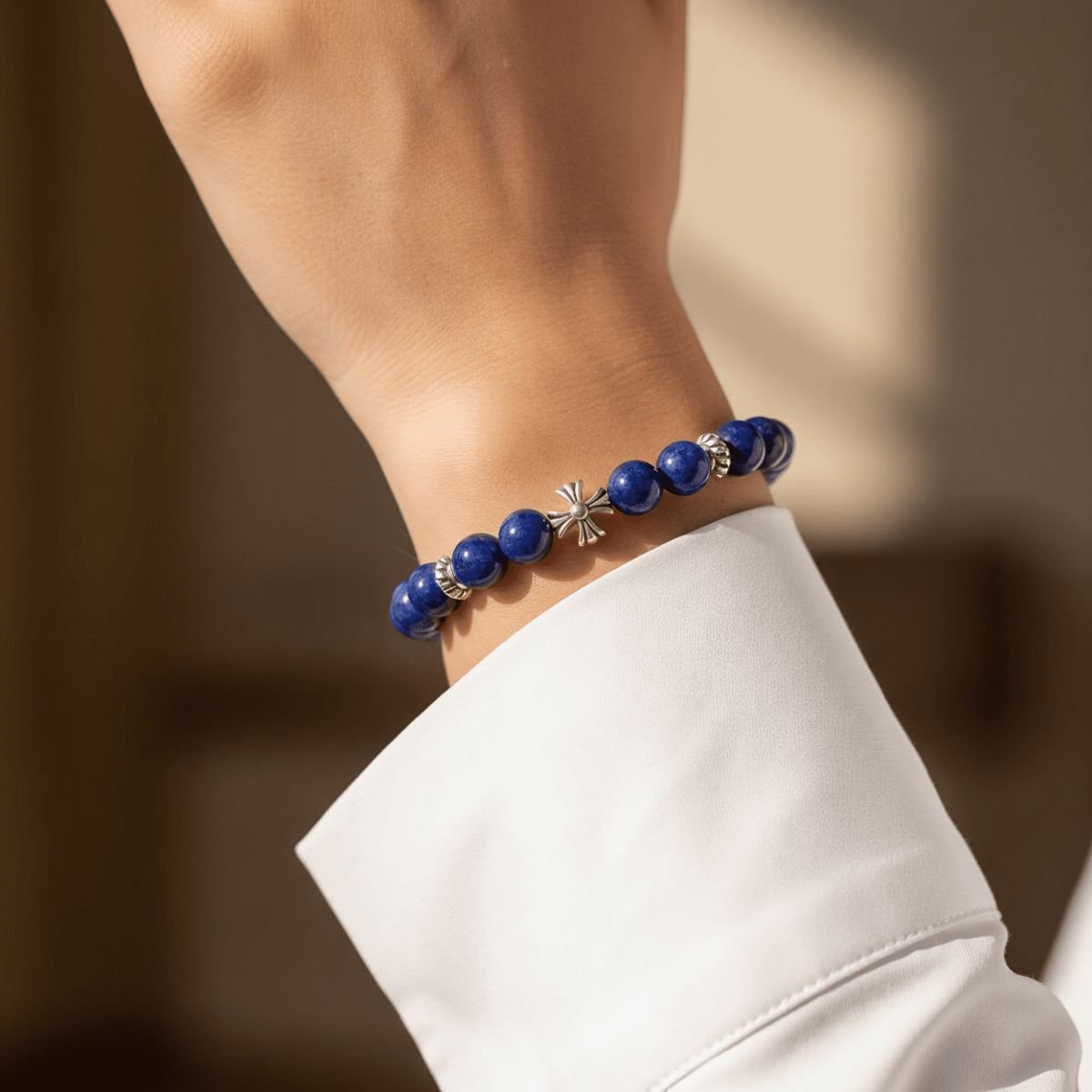 Lucky Clarity Lapis Cross Bracelet by JWPatronus – natural crystal bracelet for women