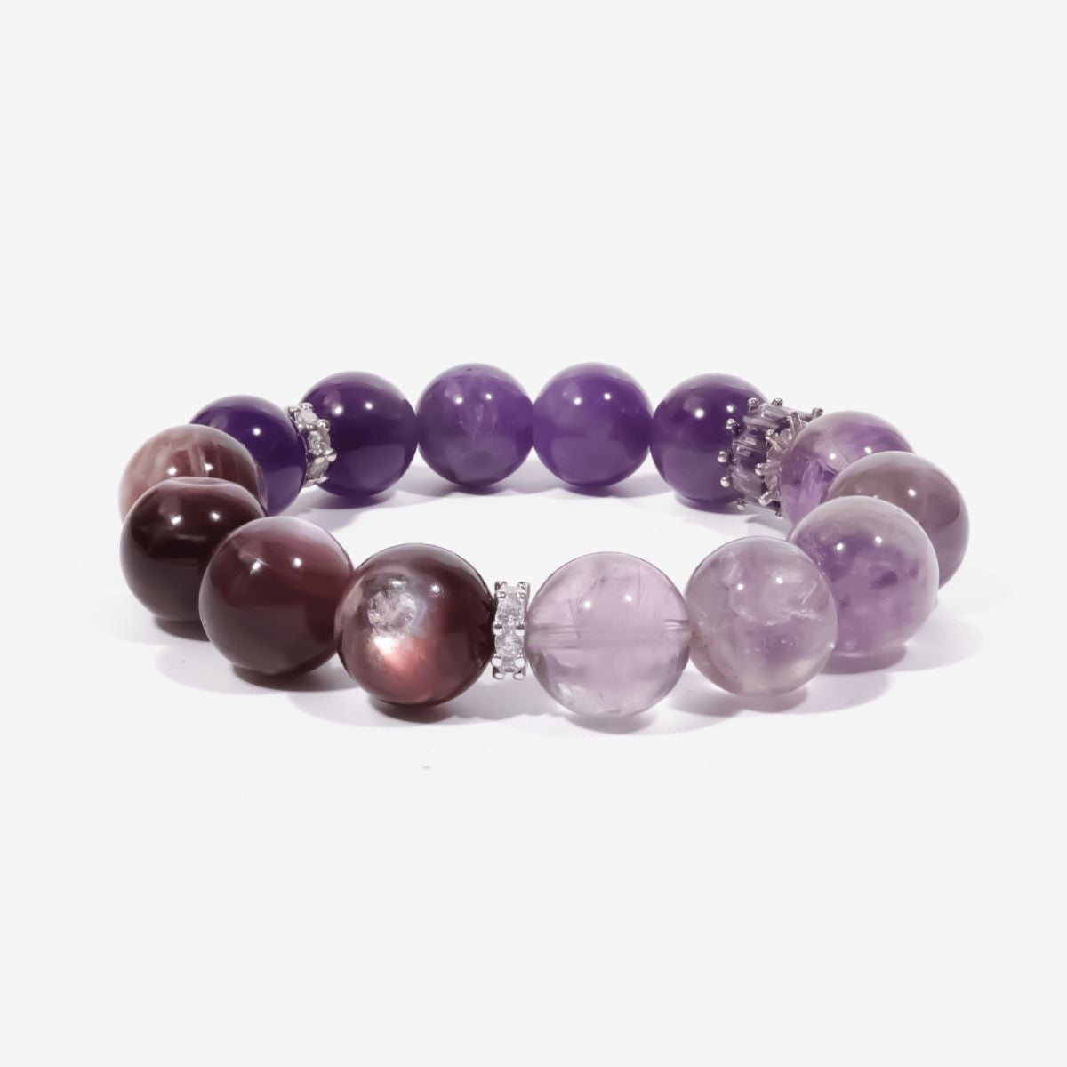 Lunar Grace Amethyst and Lepidolite Beaded Bracelet with natural amethyst beads, lepidolite beads, and silver-toned accent spacers