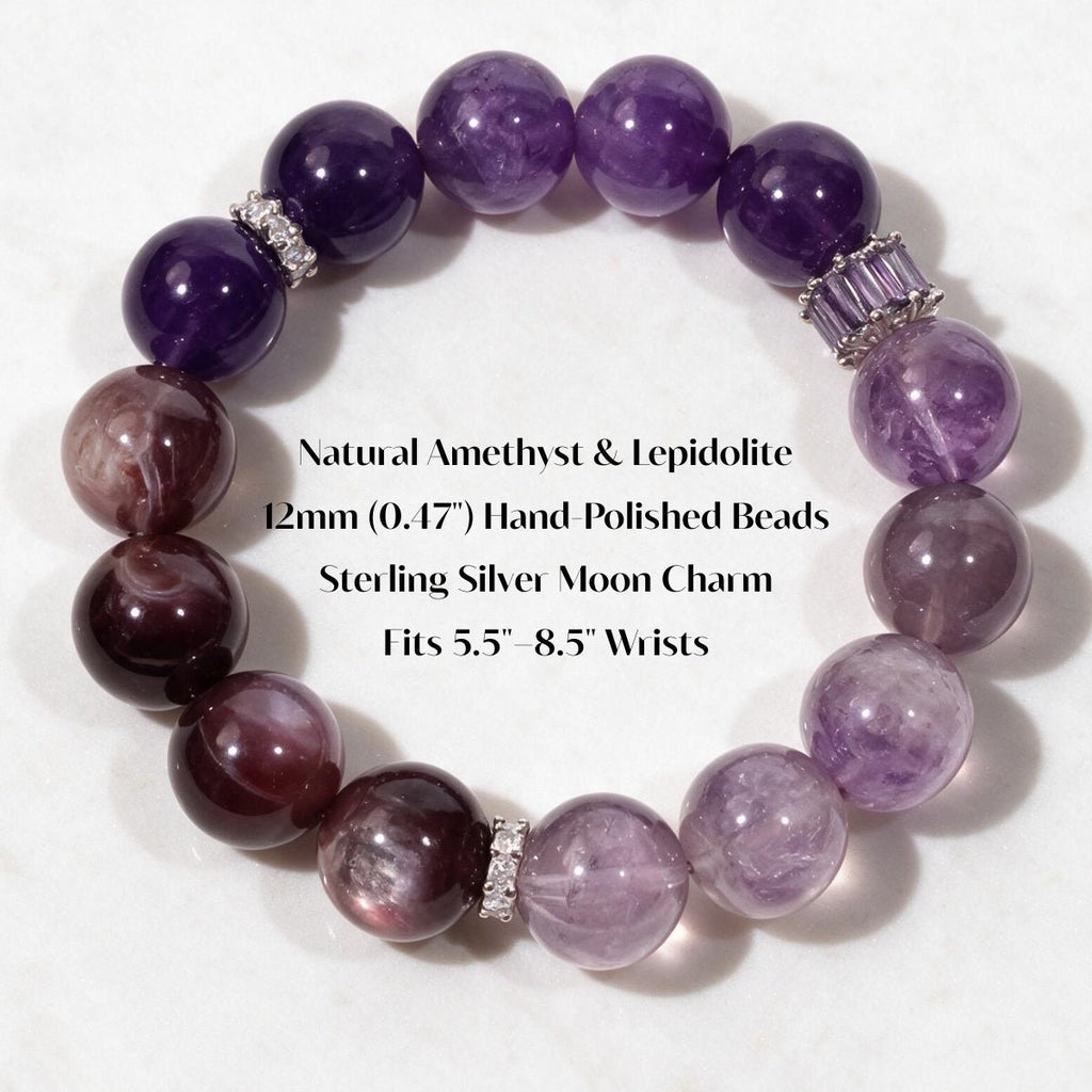Lunar Grace amethyst and lepidolite bracelet details showing natural stones, 0.47 in (12mm) beads, and XS–XXL sizing