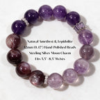 Lunar Grace amethyst and lepidolite bracelet details showing natural stones, 0.47 in (12mm) beads, and XS–XXL sizing