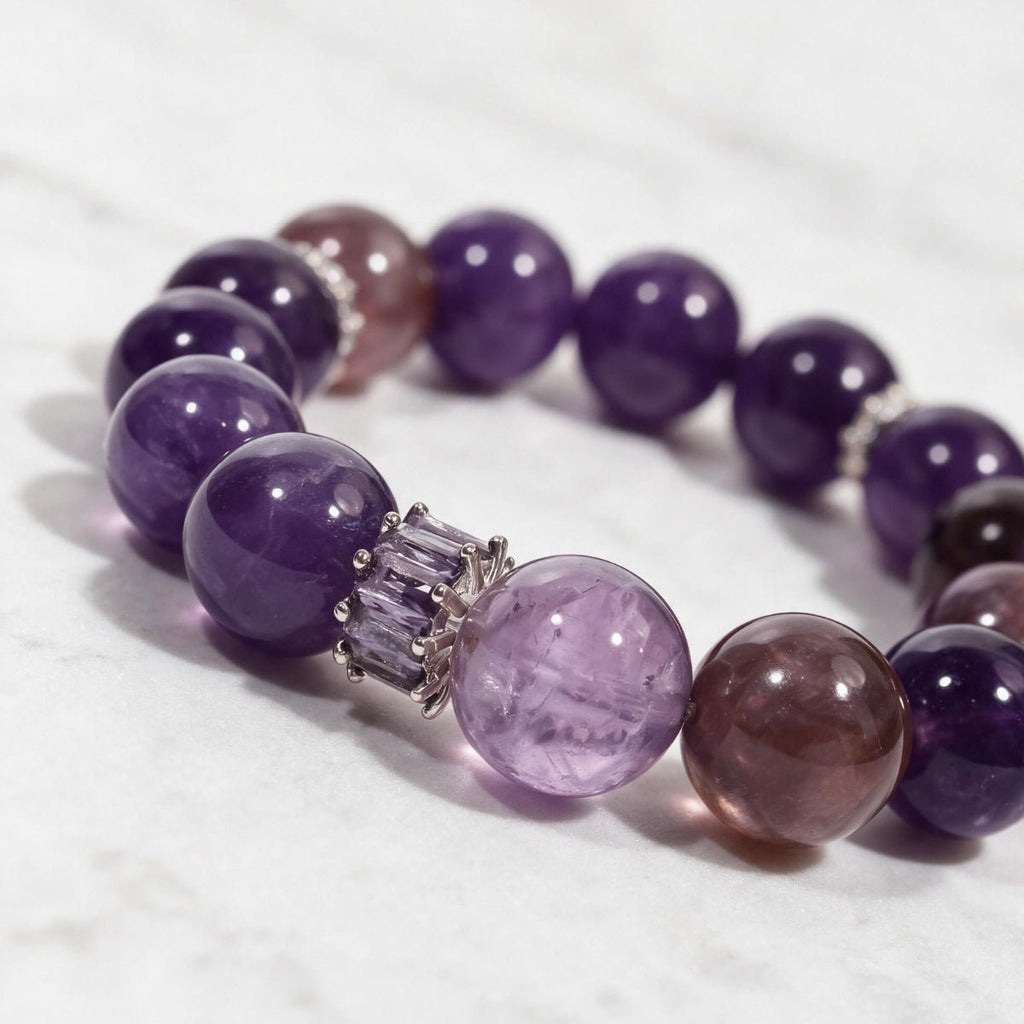 Macro view of the Lunar Grace bracelet’s translucent lilac, violet, and mauve natural gemstone beads
