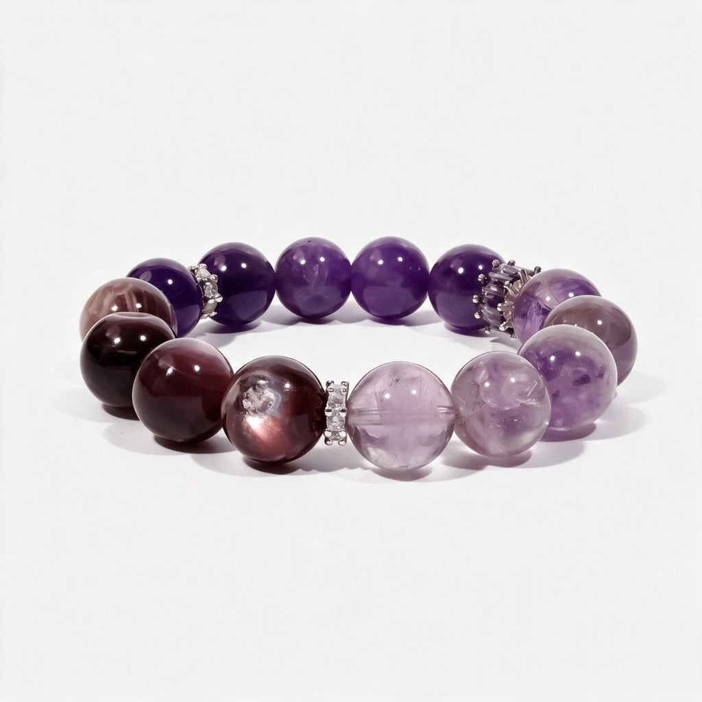 Lunar Grace natural amethyst and lepidolite bracelet with 0.47 in (12mm) beads and a sterling silver moon charm