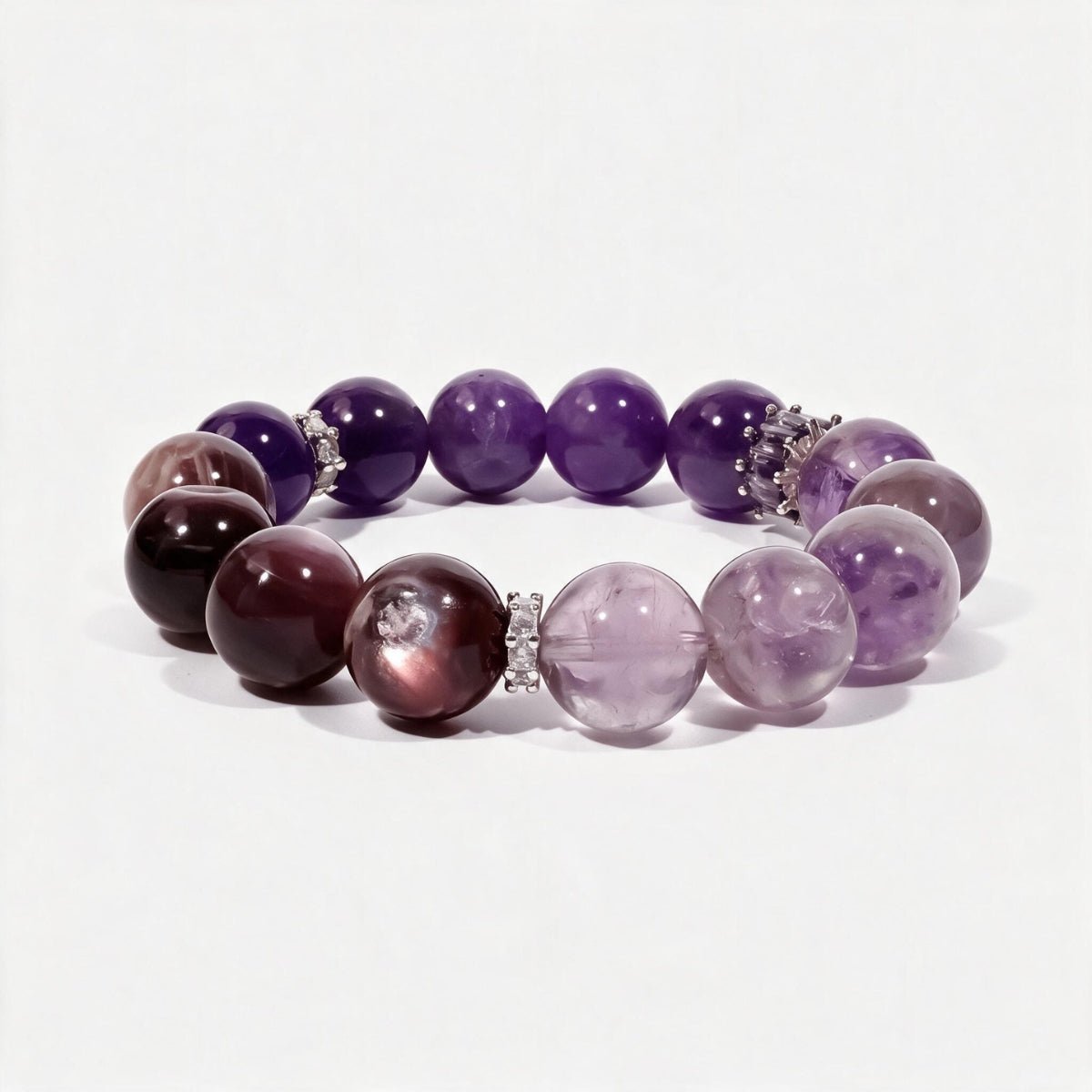 Lunar Grace natural amethyst and lepidolite bracelet with 0.47 in (12mm) beads and a sterling silver moon charm