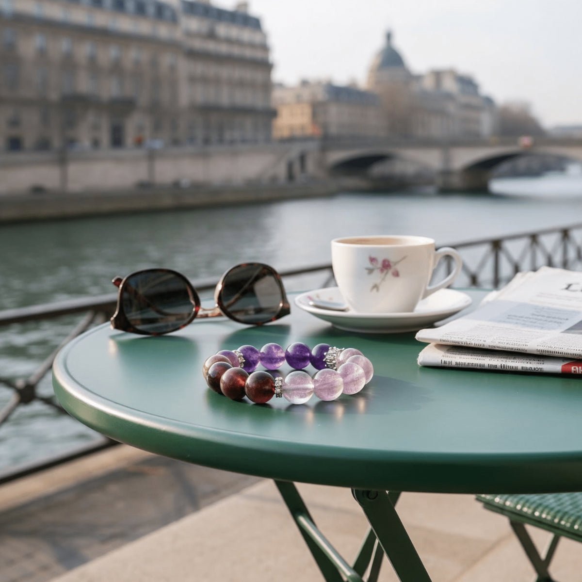 Lunar Grace amethyst and lepidolite bracelet styled on a Paris café table by the waterfront