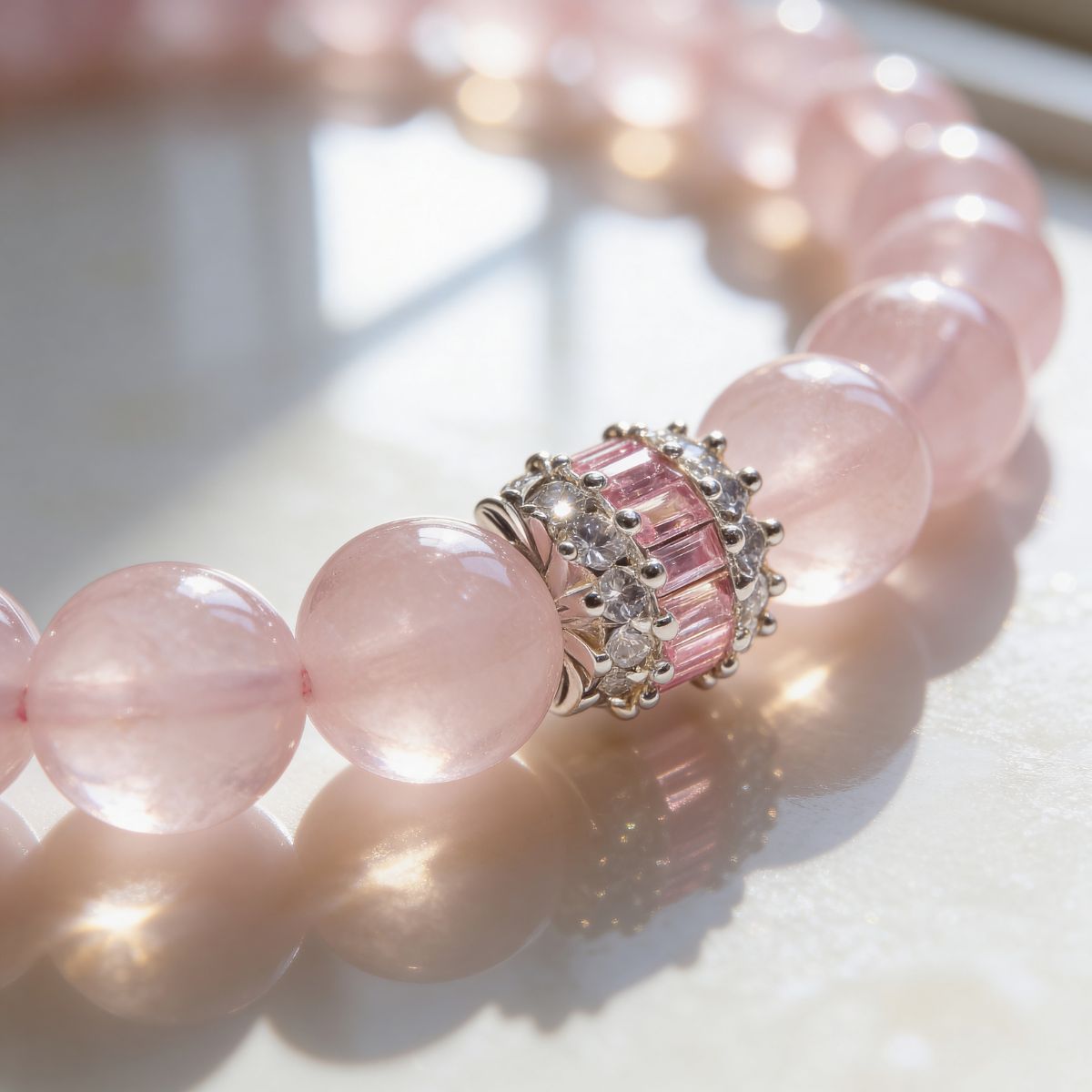 Close-up of Madagascar Rose Quartz Beaded Bracelet with 10mm blush-pink beads and pink baguette-style centerpiece