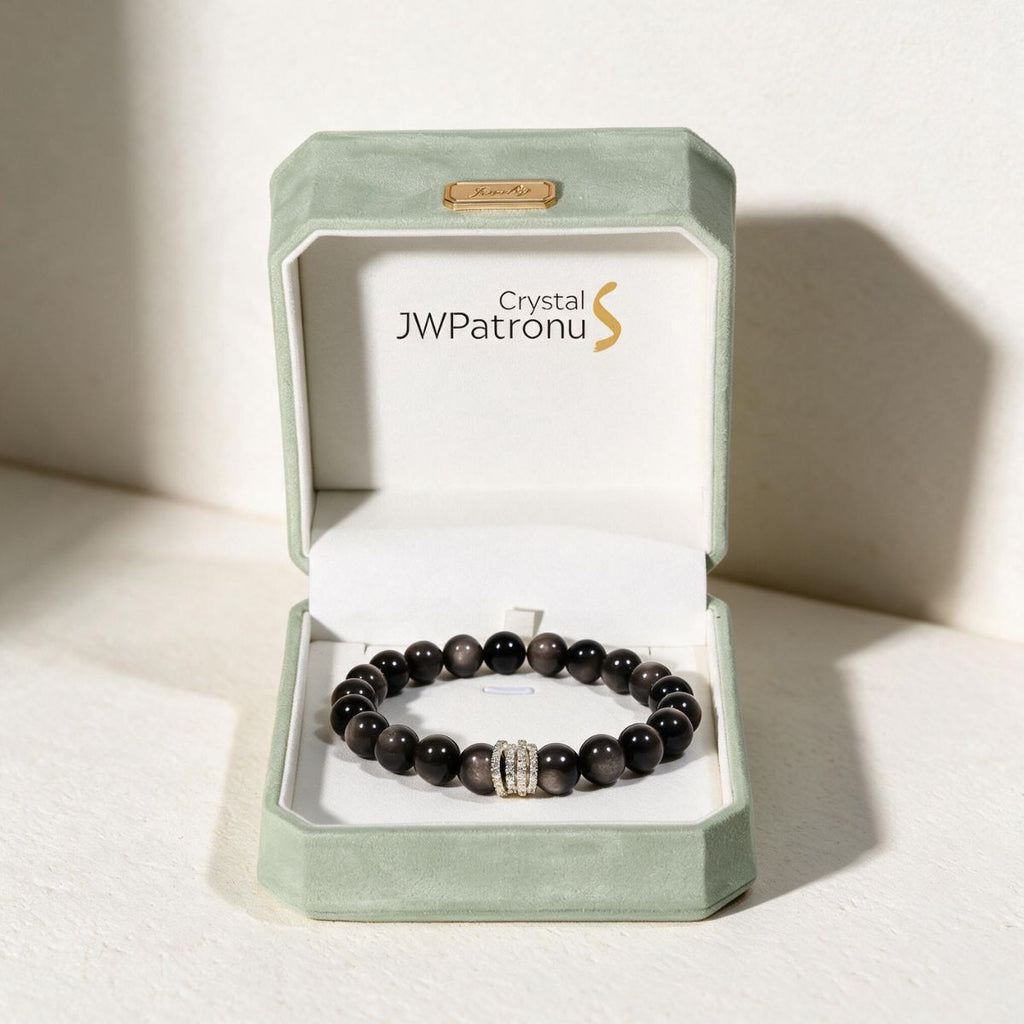 Midnight Shield Silver Sheen Obsidian bracelet presented in a JWPatronus keepsake jewelry box.