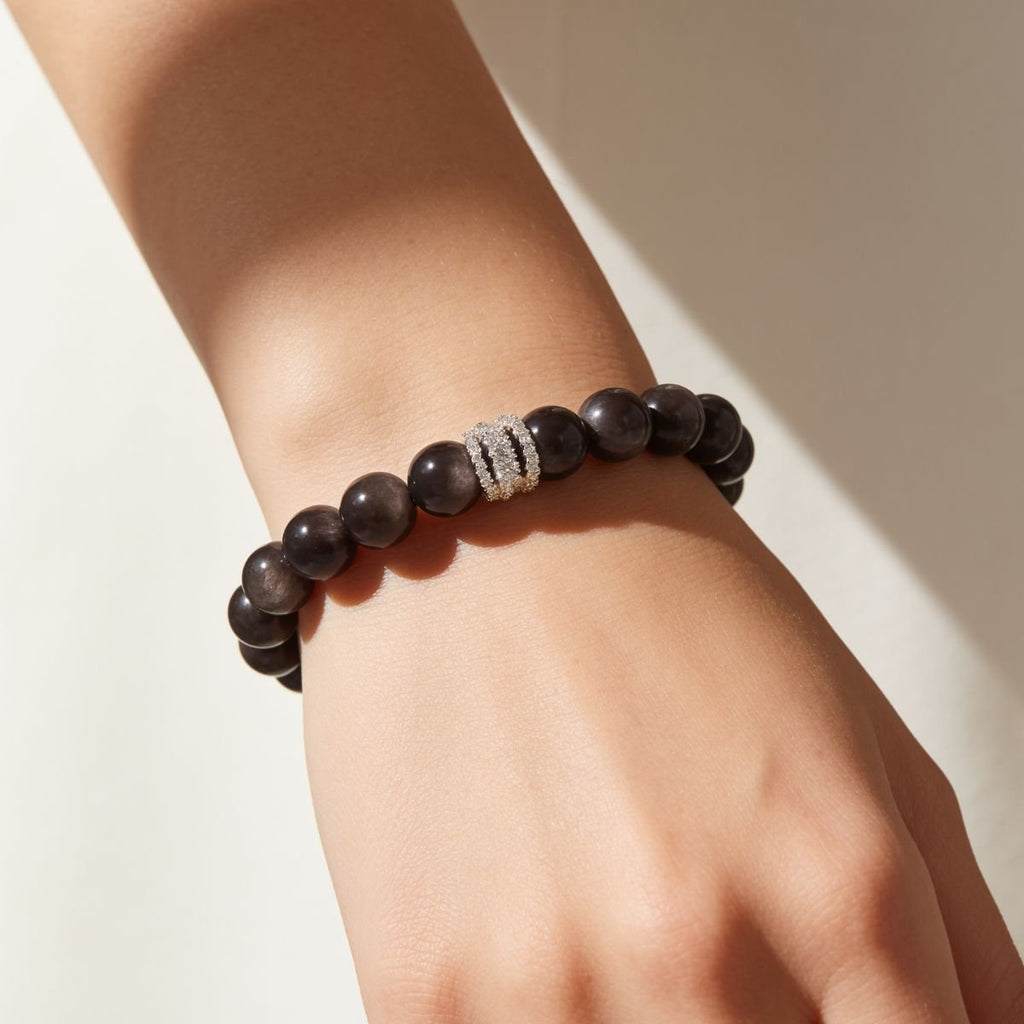 Midnight Shield Silver Sheen Obsidian Beaded Bracelet by JWPatronus – natural crystal bracelet for women