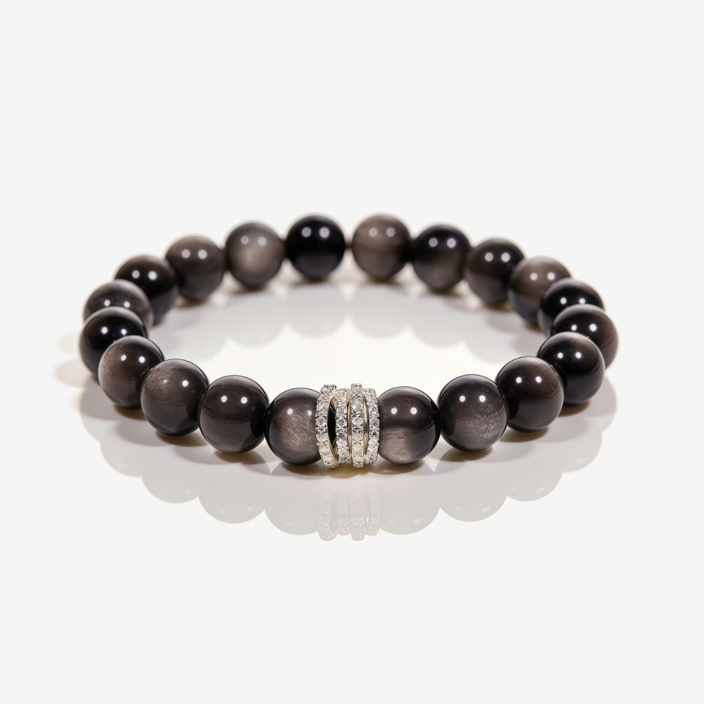 Midnight Shield Silver Sheen Obsidian Beaded Bracelet with 10mm black beads and silver-tone pavé ring centerpiece
