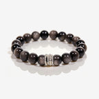 Midnight Shield Silver Sheen Obsidian Beaded Bracelet with 10mm black beads and silver-tone pavé ring centerpiece