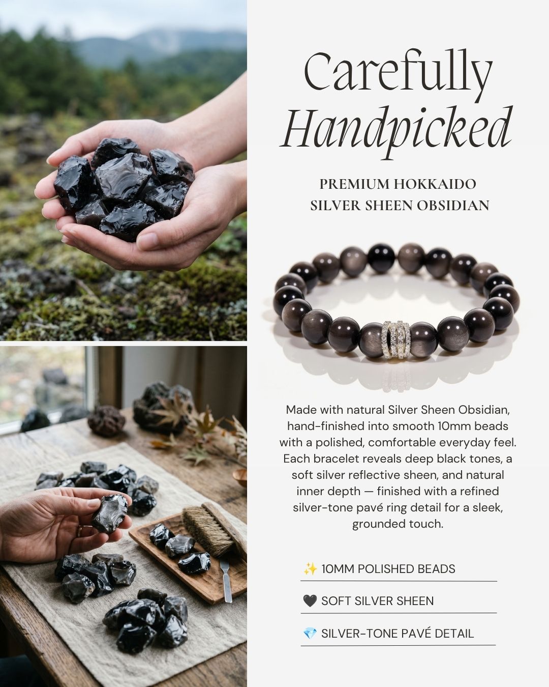 Handpicked Hokkaido Silver Sheen Obsidian stones beside the Midnight Shield Silver Sheen Obsidian Beaded Bracelet, featuring 10mm black beads, soft silver sheen, and a silver-tone pavé ring detail.