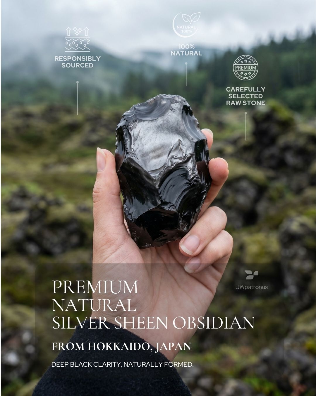 Natural Silver Sheen Obsidian from Hokkaido, Japan, with deep black volcanic glass and soft silver sheen, shown as the raw gemstone inspiration for the Midnight Shield Silver Sheen Obsidian Beaded Bracelet.