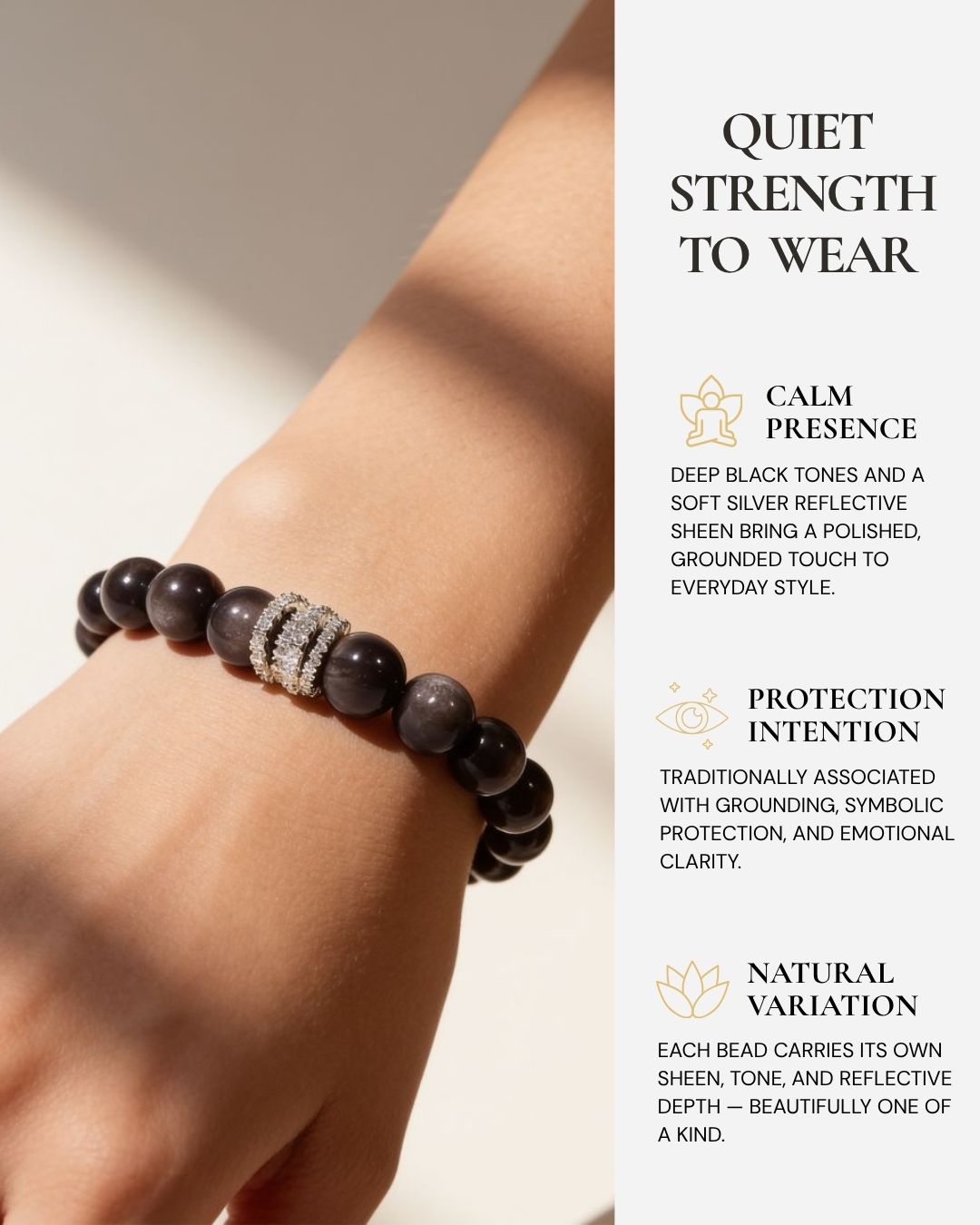 Midnight Shield Silver Sheen Obsidian Beaded Bracelet worn on the wrist, featuring natural 10mm black obsidian beads, soft silver sheen, and a silver-tone pavé ring centerpiece.