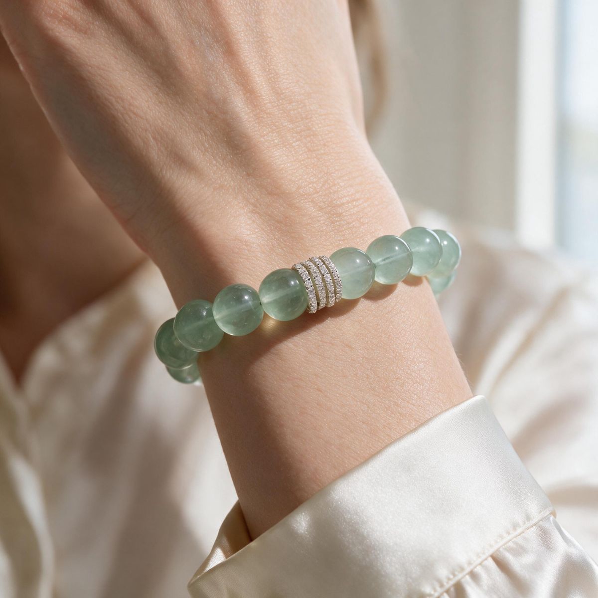 Mint Clarity Green Fluorite bracelet styled with a crisp white shirt and silver-tone detail