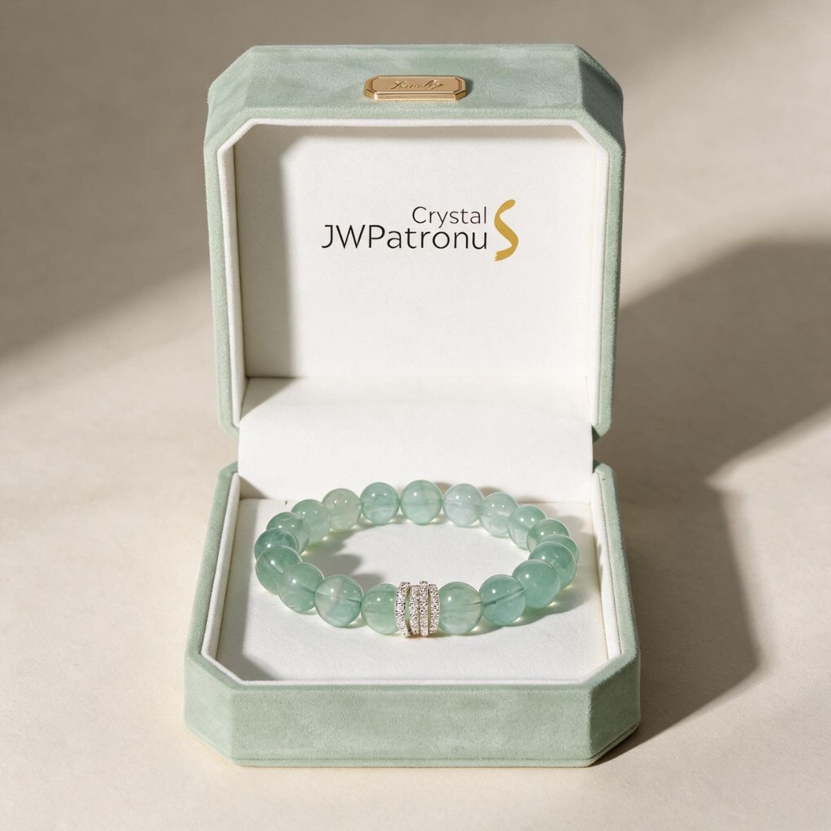 Mint Clarity Green Fluorite bracelet presented in a JWPatronus keepsake gift box