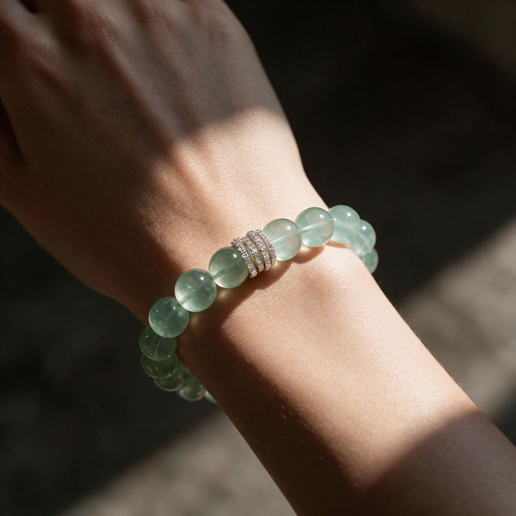 Mint Clarity Green Fluorite bracelet worn on the wrist in soft natural light