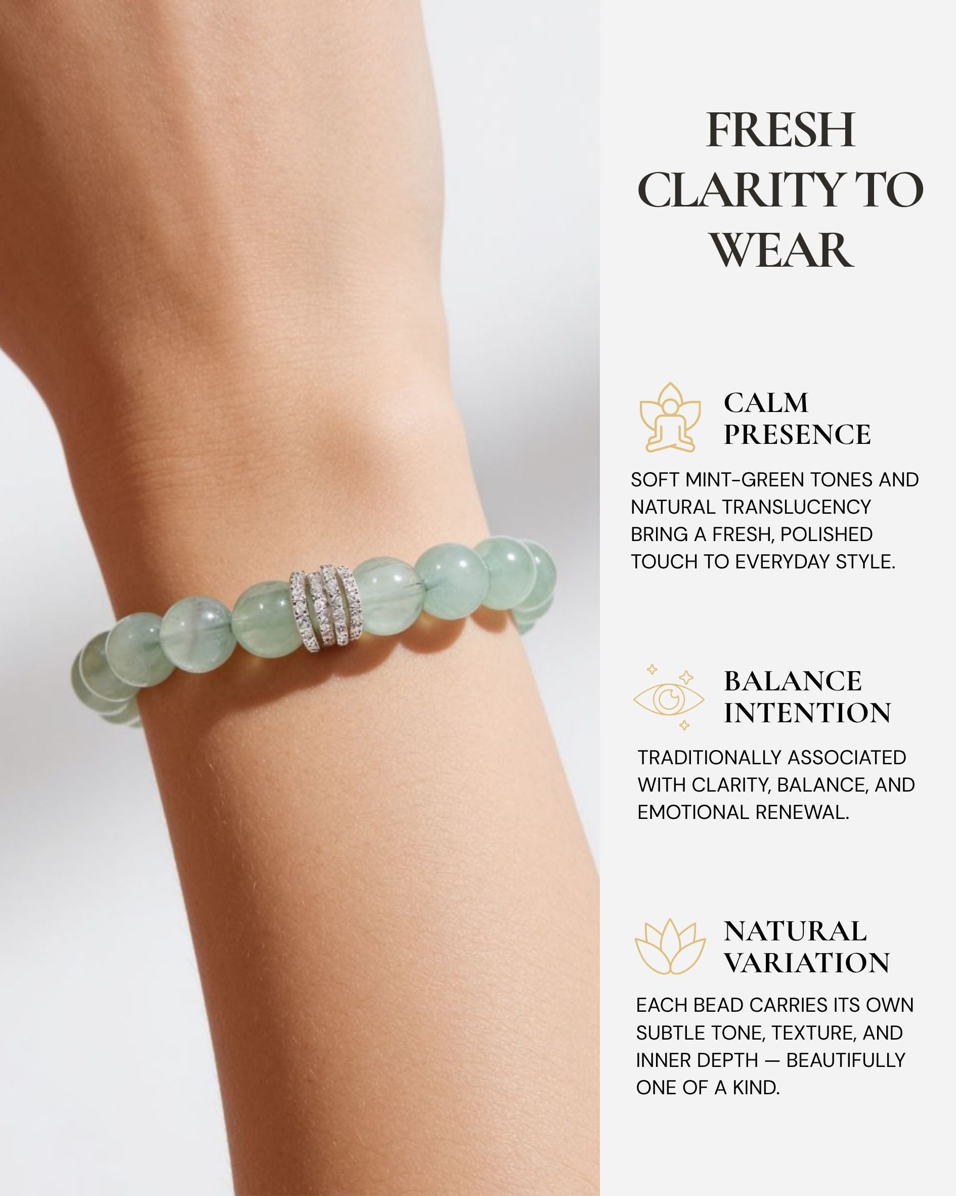 Mint Clarity Green Fluorite Beaded Bracelet worn on the wrist, featuring natural South African Green Fluorite with soft mint-green translucency and a silver-tone cubic zirconia ring centerpiece.