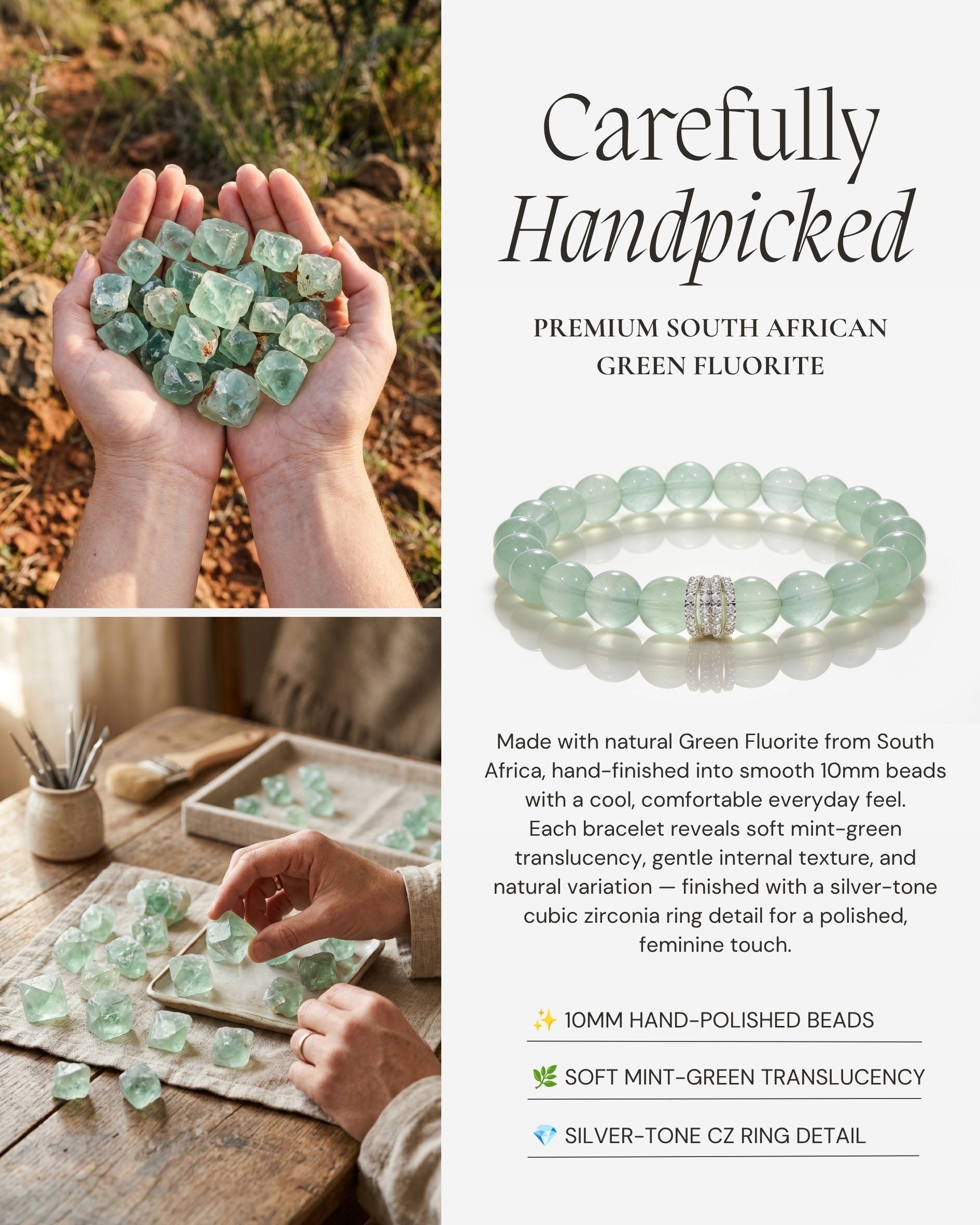 Handpicked South African Green Fluorite crystals beside the Mint Clarity Green Fluorite Beaded Bracelet, showing the natural mint-green gemstone before handcrafting.