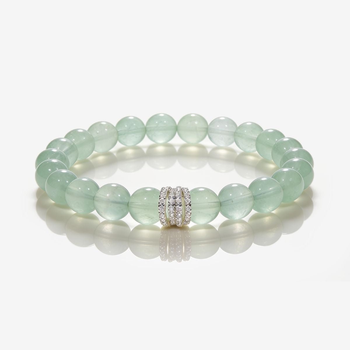 Mint Clarity natural South African Green Fluorite bracelet with 10mm beads and silver-tone CZ centerpiece