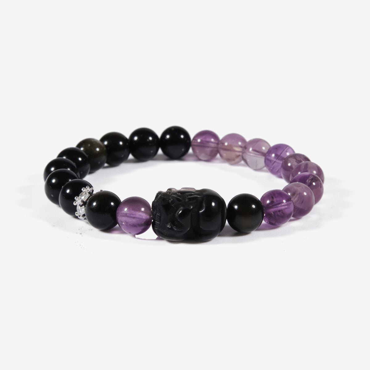 Mystic Amethyst Protection Bracelet with 8mm Sri Lankan amethyst and black obsidian beads and hand-carved Black Obsidian Pi Xiu centerpiece