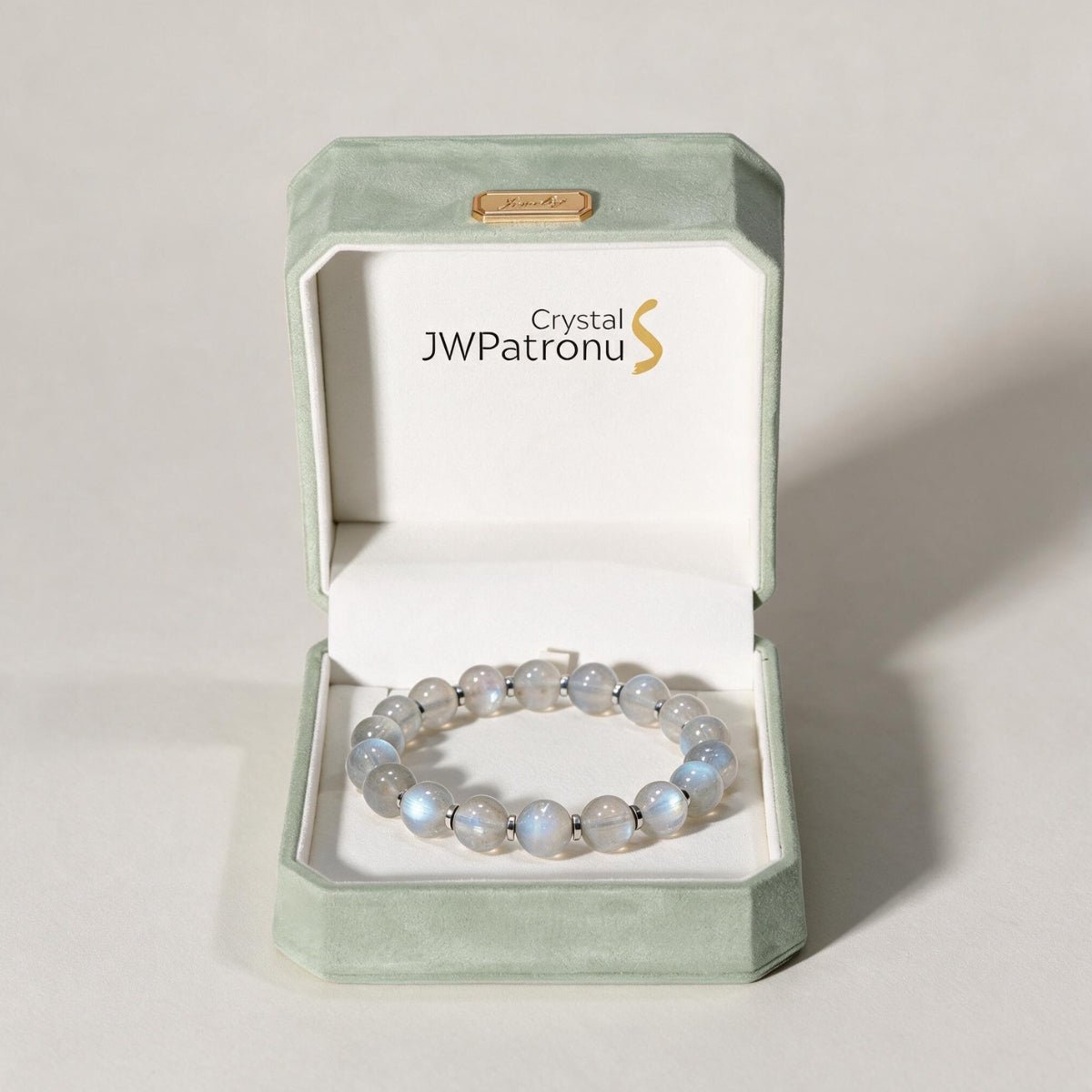 Mystic Moonstone Bracelet presented in an open JWPatronus keepsake jewelry box
