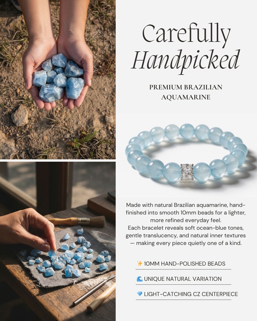 Natural Brazilian aquamarine stones and a 10mm blue crystal bracelet showing handpicked raw gemstones and polished beads.