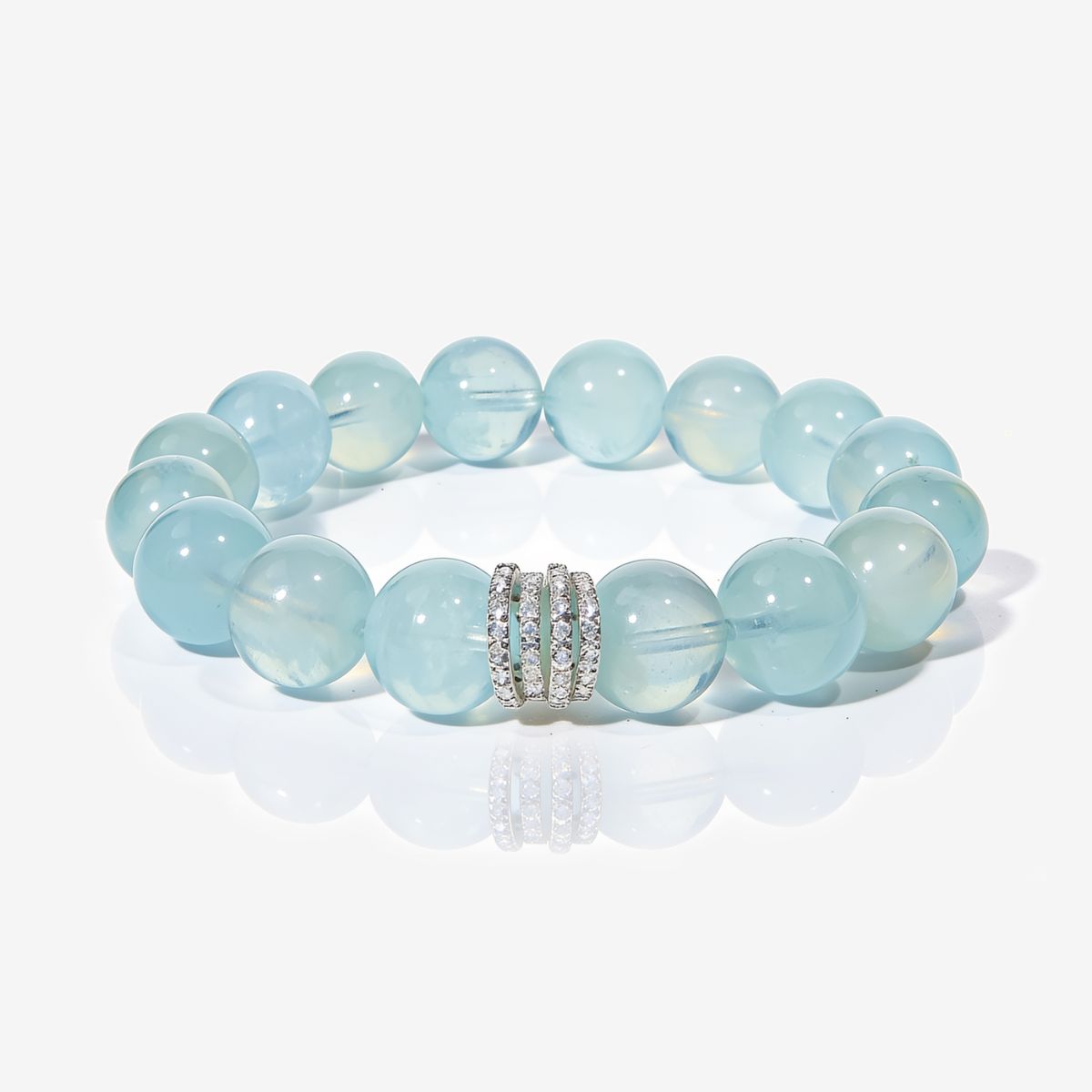 Natural Brazilian Aquamarine bracelet with 12mm ocean-blue beads and silver-tone crystal centerpiece