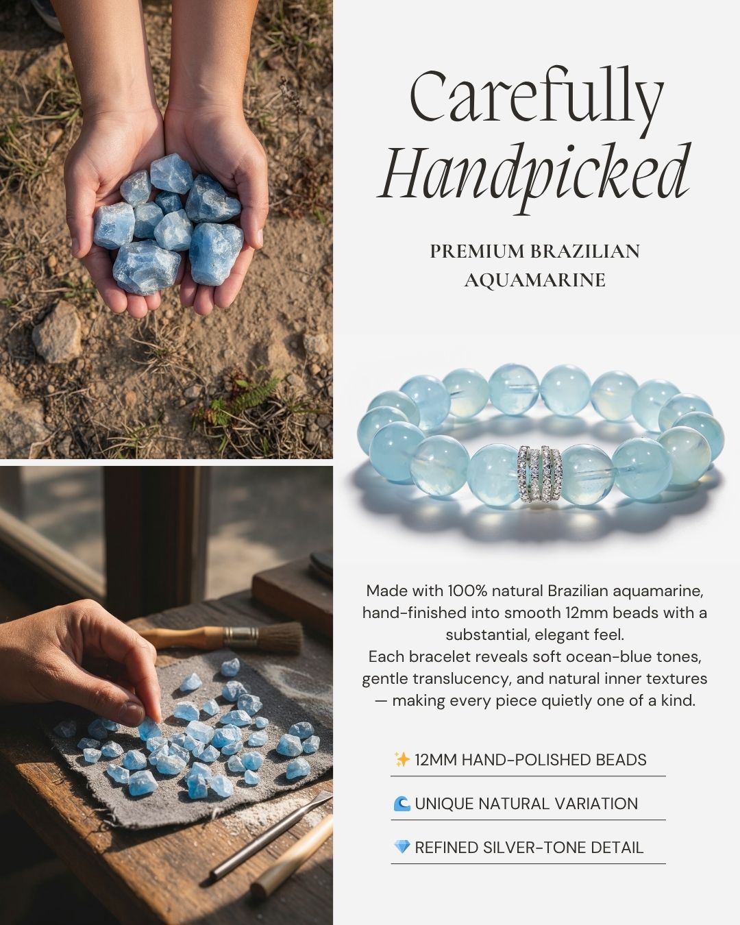 Ocean Calm Aquamarine Bracelet with natural Brazilian aquamarine raw stones and 12mm hand-polished beads.