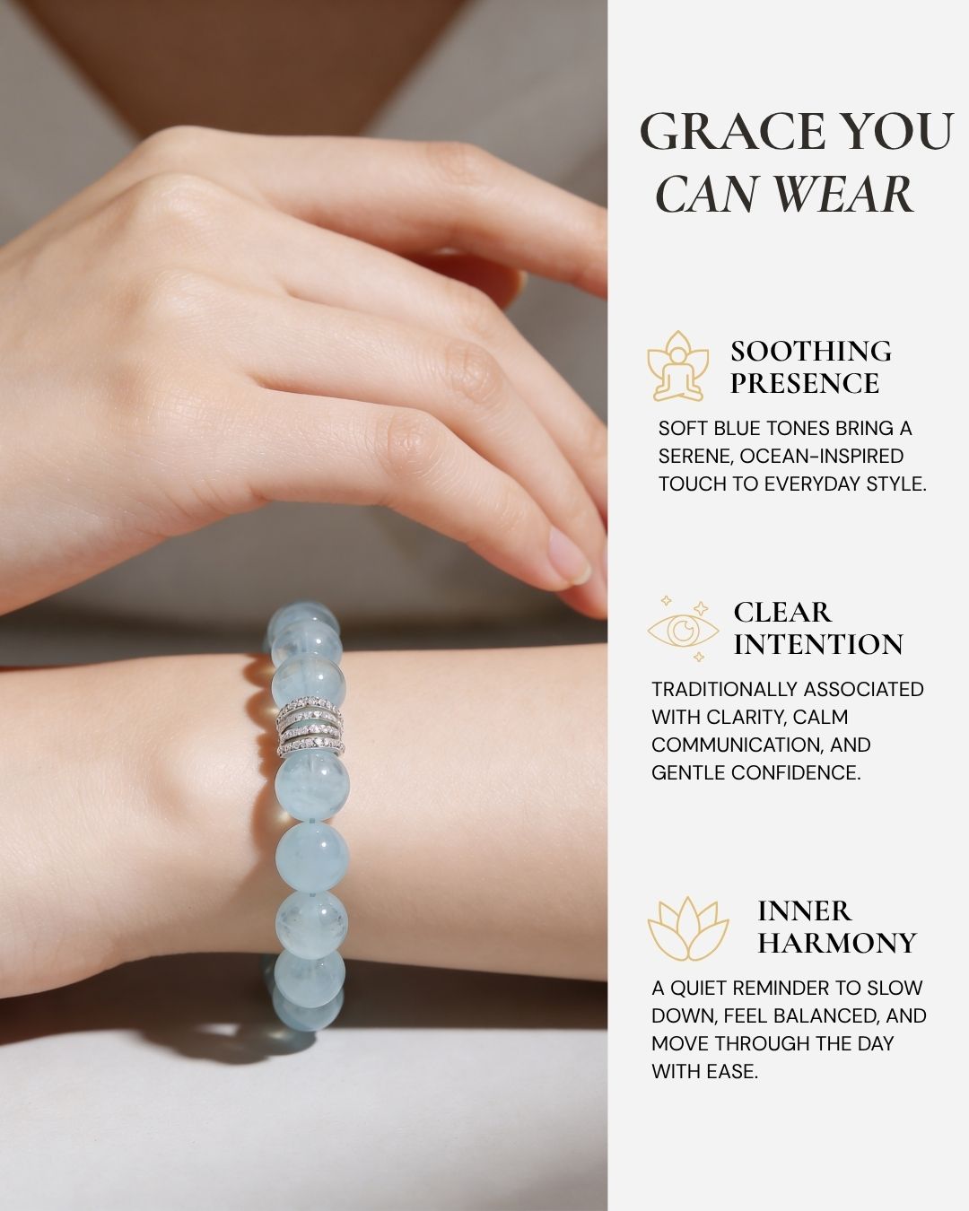 Ocean Calm Aquamarine Bracelet worn by the ocean, showing soft blue aquamarine beads for calm everyday style.