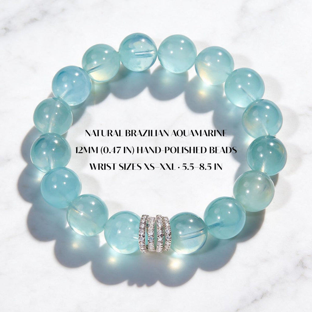 Ocean Calm natural Brazilian aquamarine bracelet with 12mm hand-polished beads and silver-tone detail, available in wrist sizes XS–XXL.