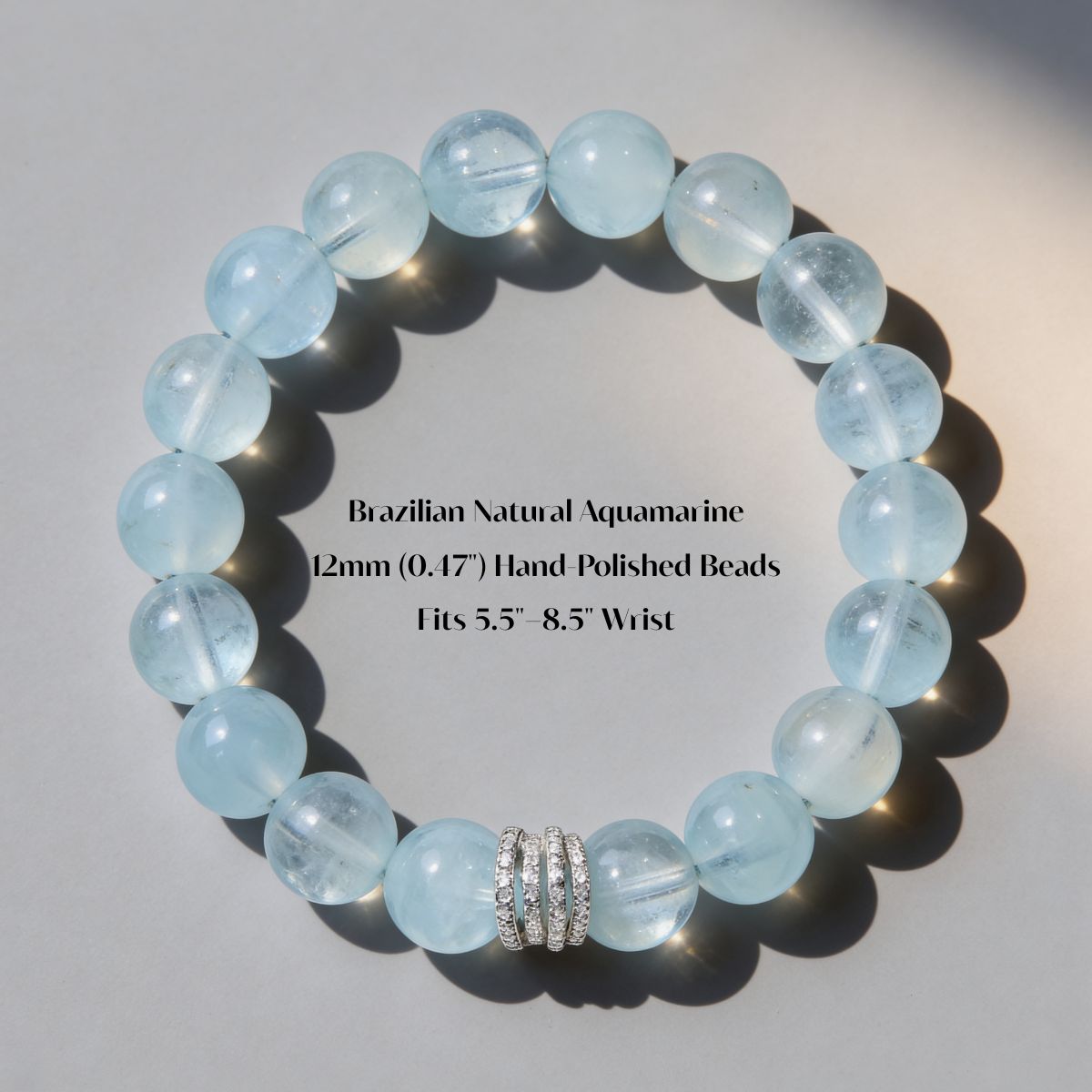 Ocean Calm natural Brazilian aquamarine bracelet with 12mm hand-polished blue beads by JWPatronus.