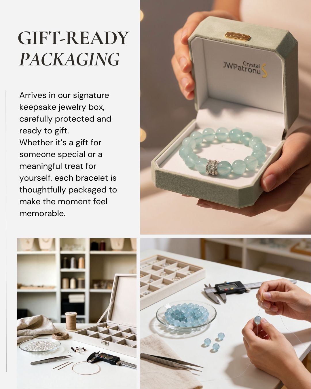 Ocean Calm Aquamarine Bracelet displayed with a gift-ready keepsake jewelry box for birthdays and self-gifting.