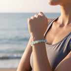 Aquamarine bracelet for women worn by the ocean with soft blue coastal styling