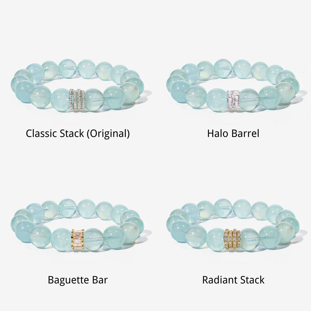 Ocean Calm Aquamarine Bracelet centerpiece options including Classic Stack, Halo Barrel, Baguette Bar, and Radiant Stack