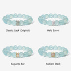 Ocean Calm Aquamarine Bracelet centerpiece options including Classic Stack, Halo Barrel, Baguette Bar, and Radiant Stack