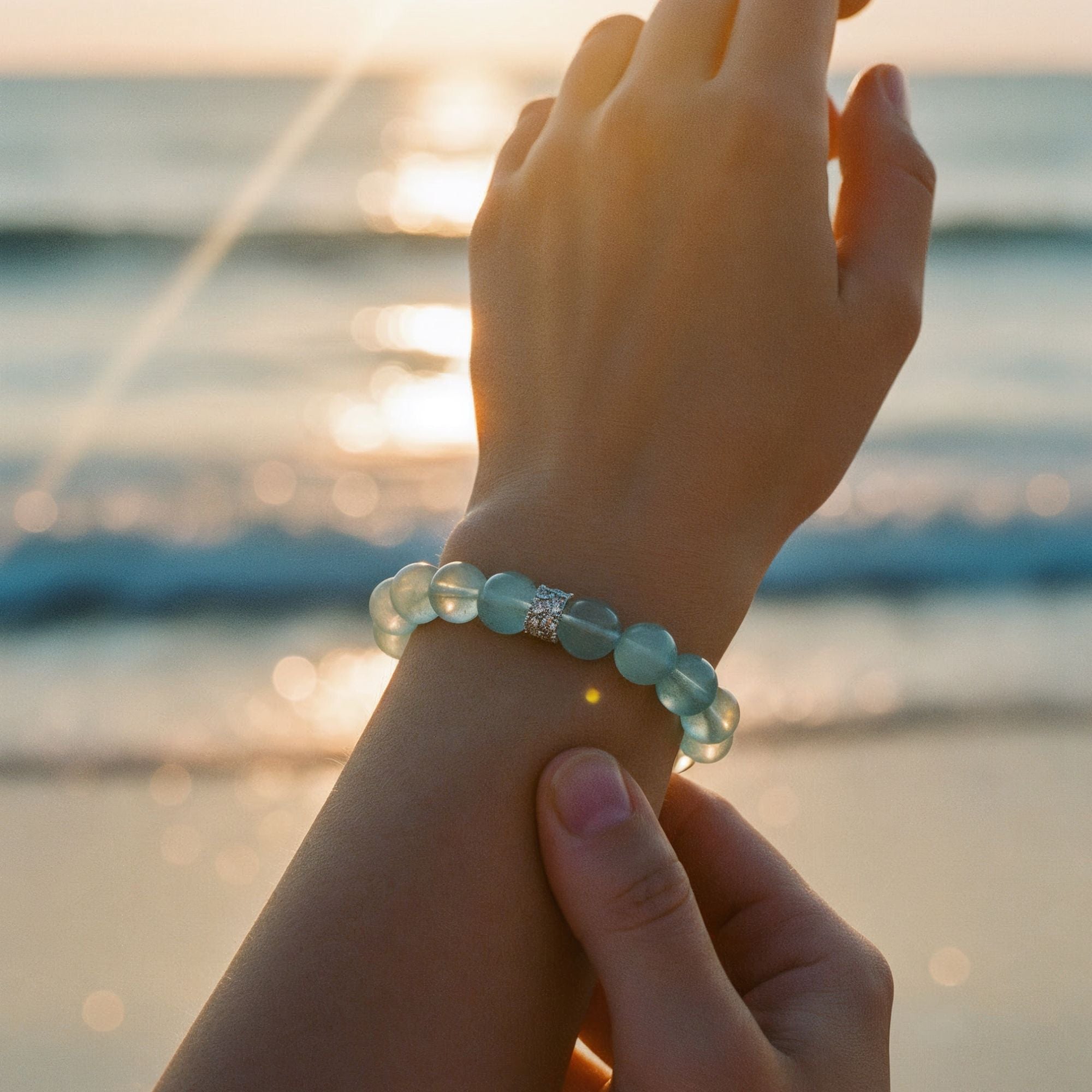 Blue aquamarine crystal bracelet worn on wrist near the ocean at sunset