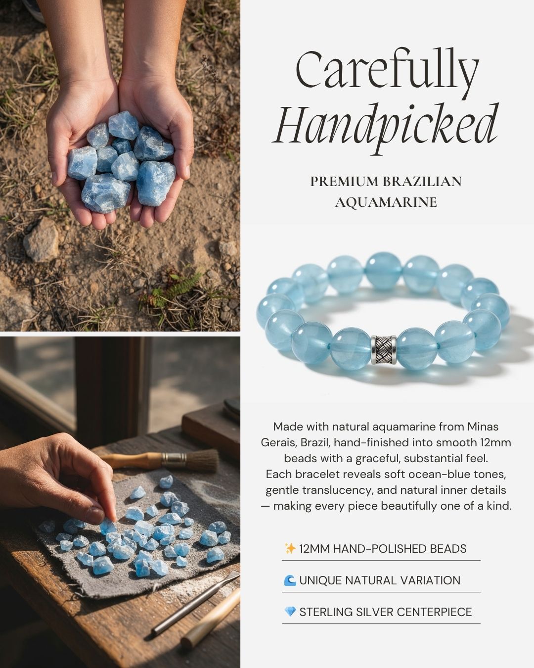 Ocean’s Grace Aquamarine Bracelet made with natural aquamarine from Minas Gerais, Brazil, featuring 12mm hand-polished beads and a sterling silver centerpiece.