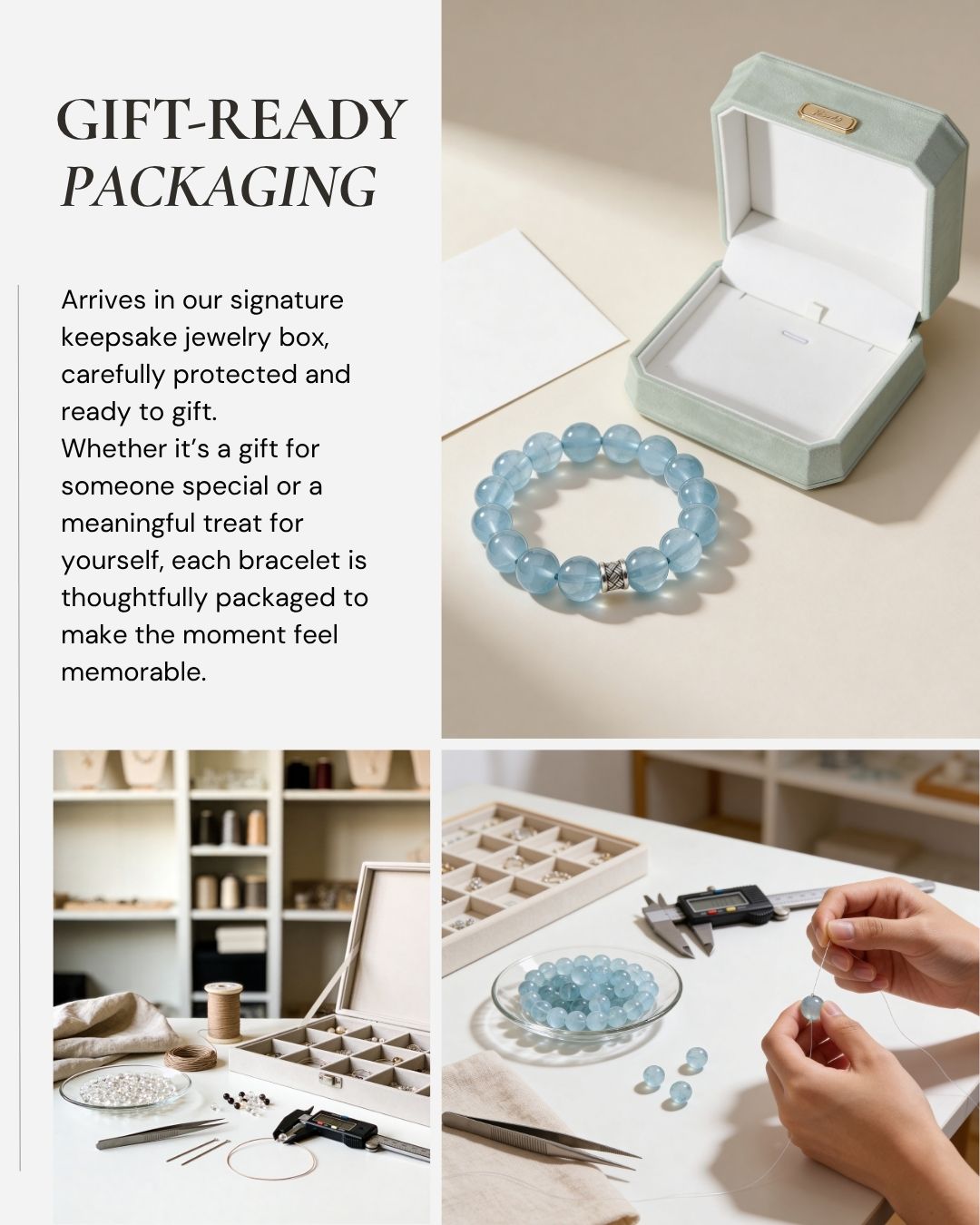 Ocean’s Grace Aquamarine Bracelet presented in a gift-ready keepsake jewelry box for March birthstone gifts, gifts for her, and self-gifting.