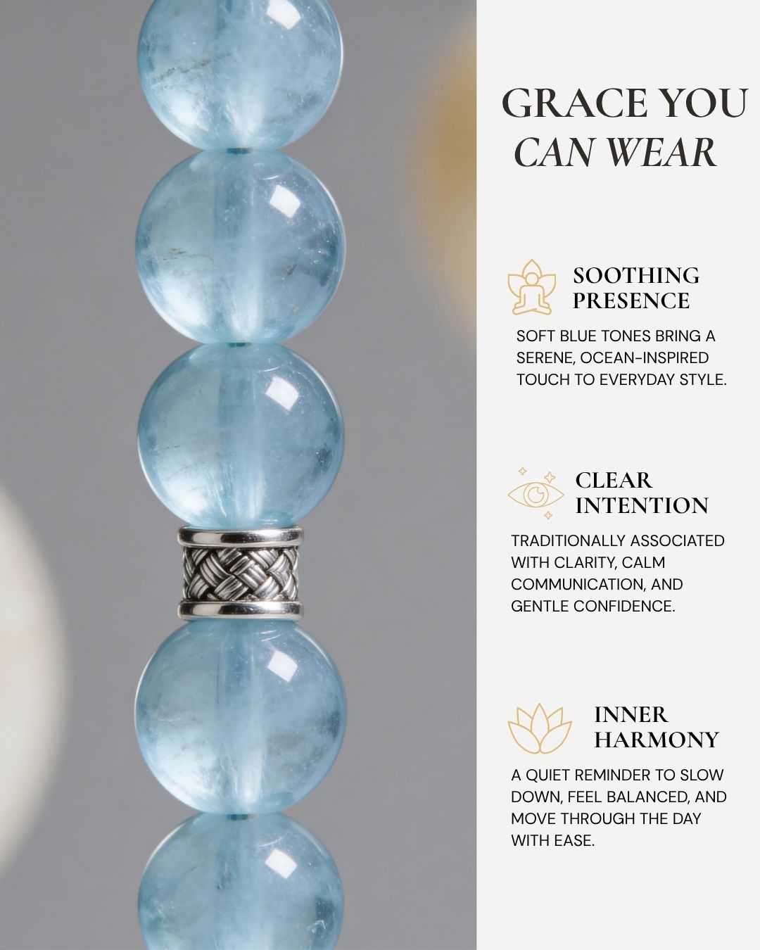 Ocean’s Grace Aquamarine Bracelet with soft ocean-blue aquamarine beads and a sterling silver centerpiece, symbolizing clarity, courage, and calm confidence.