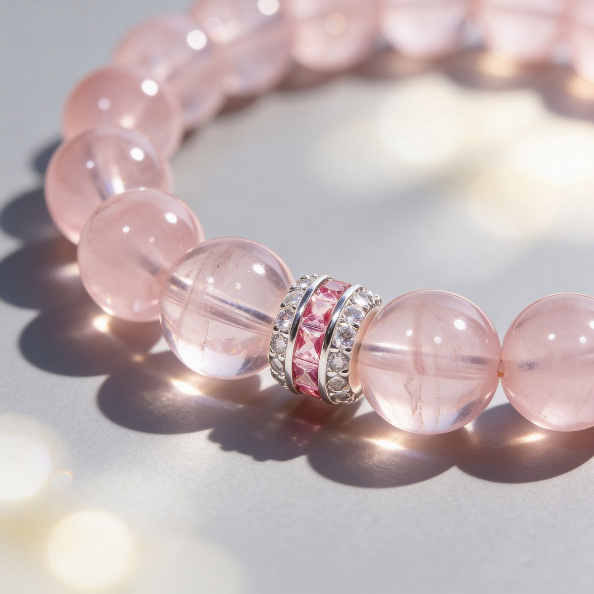 Close view of the Pure Heart Rose Quartz Bracelet showing 12mm natural pink beads and sterling silver detail.