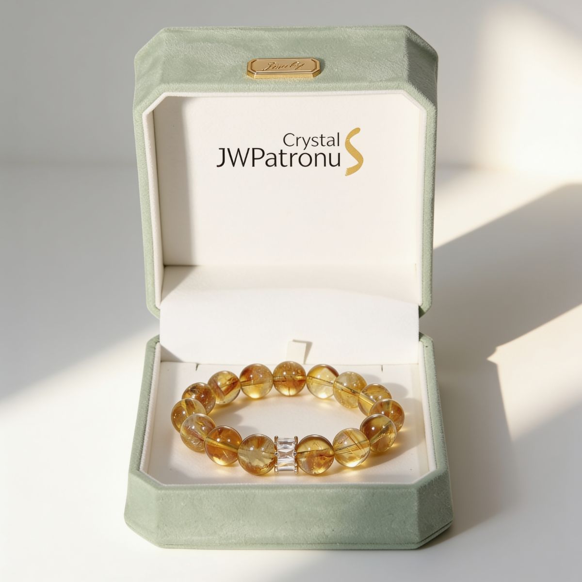 Radiant Citrine Beaded Bracelet displayed in a JWPatronus gift box, featuring natural Brazilian citrine beads and refined presentation.