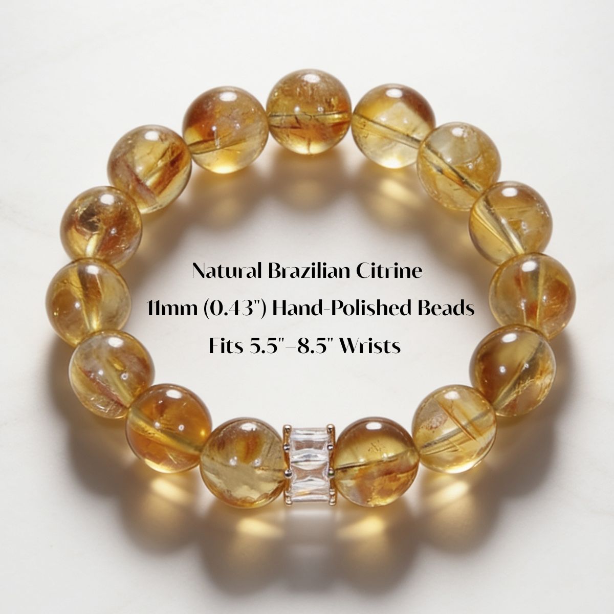 Radiant Citrine Beaded Bracelet with text showing natural Brazilian citrine, 11mm hand-polished beads, and fit for 5.5 to 8.5 inch wrists.