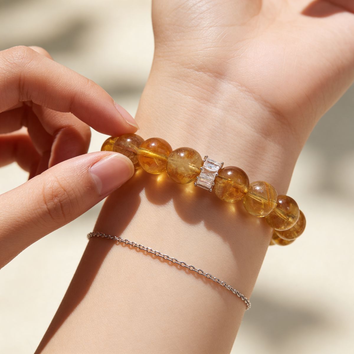 Radiant Citrine Beaded Bracelet with 11mm beads worn on the wrist